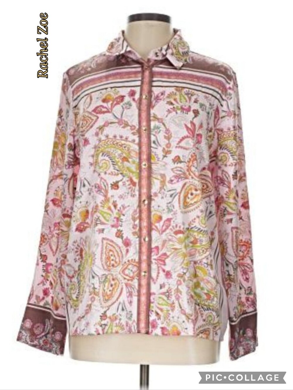 Rachel Zoe button front & cuff blouse pink floral paisley print collar